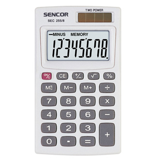 Sencor Kalkulačka SEC 255/8, bílá, kapesní, osmimístná, duální napájení