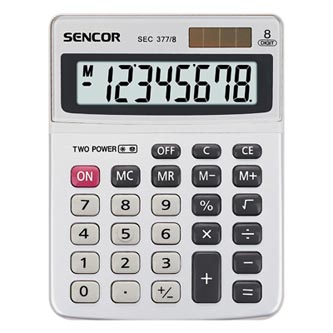 Sencor Kalkulačka SEC 377/8, šedá, stolní, osmimístná, duální napájení, kovový štítek pro větší odolnost