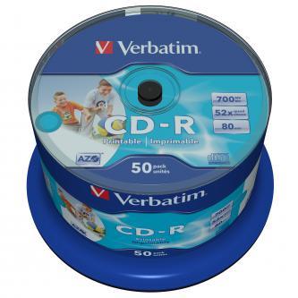 Verbatim CD-R, 43438, DataLife PLUS, 50-pack, 700MB, Azo, 52x, 80min., 12cm, Inkjet, Wide Printable-No ID Brand, cake box, Standar