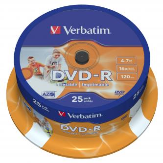 Verbatim DVD-R, Wide Inkjet Printable ID Brand, 43538, 4.7GB, 16x, spindle, 25-pack, 12cm, pro archivaci dat