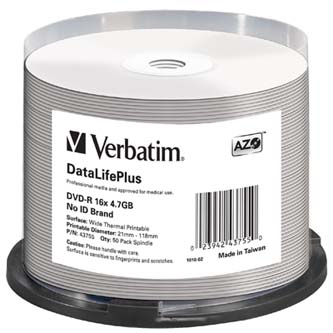 Verbatim DVD-R, 43755, DataLife PLUS, 50-pack, 4.7GB, 16x, 12cm, Professional, Advanced Azo+, cake box, Wide Thermal Printable, pr