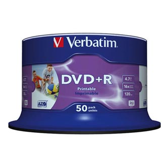 Verbatim DVD+R, Wide Inkjet Printable No ID Brand, 43512, 4.7GB, 16x, spindle, 50-pack, 12cm, pro archivaci dat