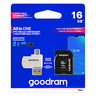 Goodram paměťová karta Micro Secure Digital Card All-In-ON, 16GB, micro SDHC, M1A4-0160R12, UHS-I U1 (Class 10), multipack se čteč