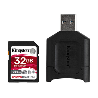 Kingston paměťová karta Canvas React Plus, 32GB, SDHC, MLPR2/32GB, UHS-II U3, V90, obsahuje čtečku MobileLite Plus SD Reader (USB