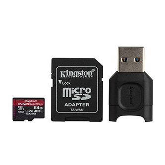 Kingston paměťová karta Canvas React Plus, 64GB, micro SDXC, MLPMR2/64GB, UHS-II U3, s adaptérem, A1, V90