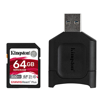 Kingston paměťová karta Canvas React Plus, 64GB, SDXC, MLPR2/64GB, UHS-II U3, V90, obsahuje čtečku MobileLite Plus SD Reader (USB