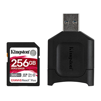 Kingston paměťová karta Canvas React Plus, 256GB, SDXC, MLPR2/256GB, UHS-II U3, V90, obsahuje čtečku MobileLite Plus SD Reader (US