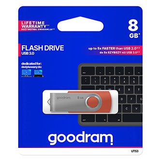 Goodram USB flash disk, USB 3.0 (3.2 Gen 1), 8GB, UTS3, červený, UTS3-0080R0R11, USB A, s otočnou krytkou