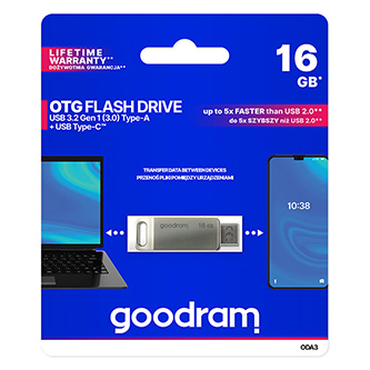 Goodram USB flash disk, USB 3.0 (3.2 Gen 1), 16GB, ODA3, stříbrný, ODA3-0160S0R11, USB A / USB C, s otočnou krytkou