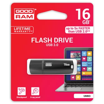 Goodram USB flash disk, USB 3.0 (3.2 Gen 1), 16GB, UMM3, černý, UMM3-0160K0R11, USB A, s krytkou