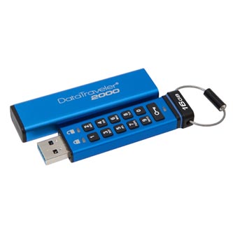Kingston USB flash disk, USB 3.0 (3.2 Gen 1), 16GB, Data Traveler 2000, modrý, DT2000/16GB, USB A, XTS-AES 256-bit šifrování, cert