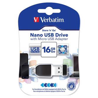 Verbatim USB flash disk, USB 2.0, 16GB, Nano, Store N Go, černý, 49821, USB A, s adaptérem USB Micro