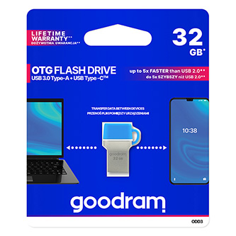 Goodram USB flash disk OTG, USB 3.0 (3.2 Gen 1), 32GB, ODD3, modrý, ODD3-0320B0R11, USB A / USB C, s krytkou