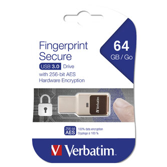 Verbatim USB flash disk, USB 3.0 (3.2 Gen 1), 64GB, Fingerprint Secure, černý, 49338, USB A, čtečka otisku prstu, AES 256-bit šifr