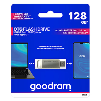 Goodram USB flash disk, USB 3.0 (3.2 Gen 1), 128GB, ODA3, stříbrný, ODA3-1280S0R11, USB A / USB C, s otočnou krytkou