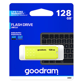 Goodram USB flash disk, USB 2.0, 128GB, UME2, žlutý, UME2-1280Y0R11, USB A, s krytkou