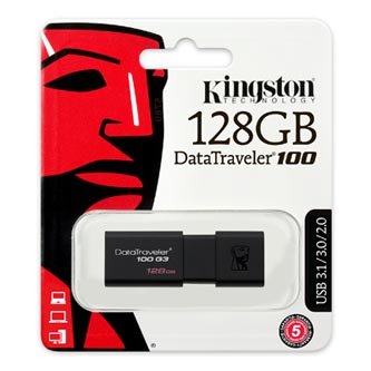 Kingston USB flash disk, USB 3.0 (3.2 Gen 1), 128GB, DataTraveler 100 Gen3, černý, DT100G3/128GB, USB A, s výsuvným konektorem