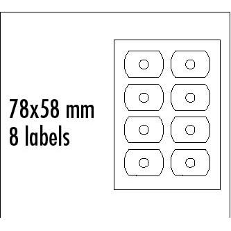 Logo etikety na CD 78mm x 58mm, A4, matné, bílé, 8 etiket, CD-R card, 140g/m2, baleno po 10 ks, pro inkoustové a laserové tiskárny