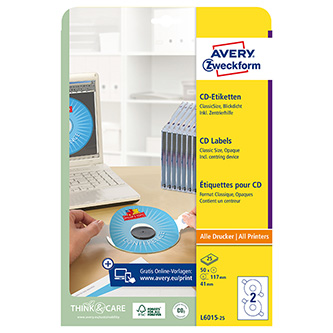 Avery Zweckform etikety na CD 117/41mm, A4, matné, bílé, 2 etikety, baleno po 25 ks, L6015-25, pro laserové a inkoustové tiskárny,