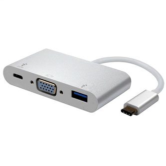 USB/Video převodník + HUB, DP Alt Mode, USB C samec - VGA (D-sub) samice + USB C samice (PD) + USB A sam, stříbrný, plastic bag 19
