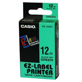Casio originální páska do tiskárny štítků, Casio, XR-12GN1, černý tisk/zelený podklad, nelaminovaná, 8m, 12mm