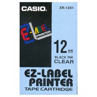 Casio originální páska do tiskárny štítků, Casio, XR-12X1, černý tisk/průhledný podklad, nelaminovaná, 8m, 12mm