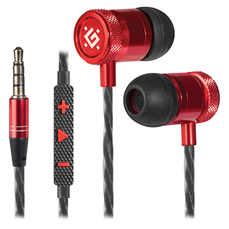Defender Pollaxe, sluchátka s mikrofonem, ovládání hlasitosti, černo-červená, 2.0, špuntová, 3.5 mm jack